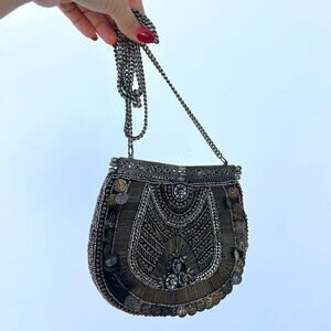 Free People Metallic Beaded Bohemian Crossbody Bag Festival Chain Silver